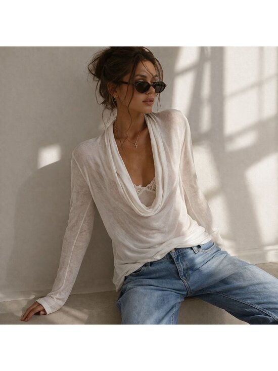 Graham & Spencer Tops - Vtg Graham & Spencer Sheer Top Ivory Draped Shawl Neckline Coquette Ethereal